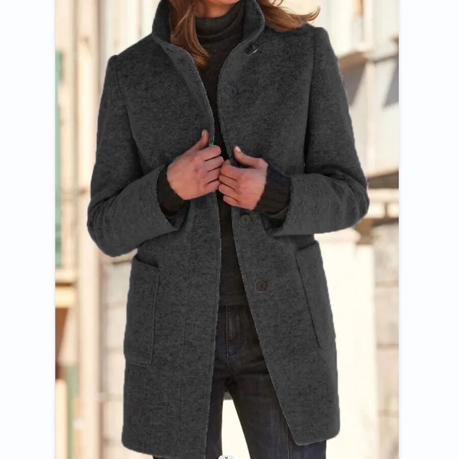Women's Single-Breasted Coat with Stand Collar and Side Pockets in Dark Grey
