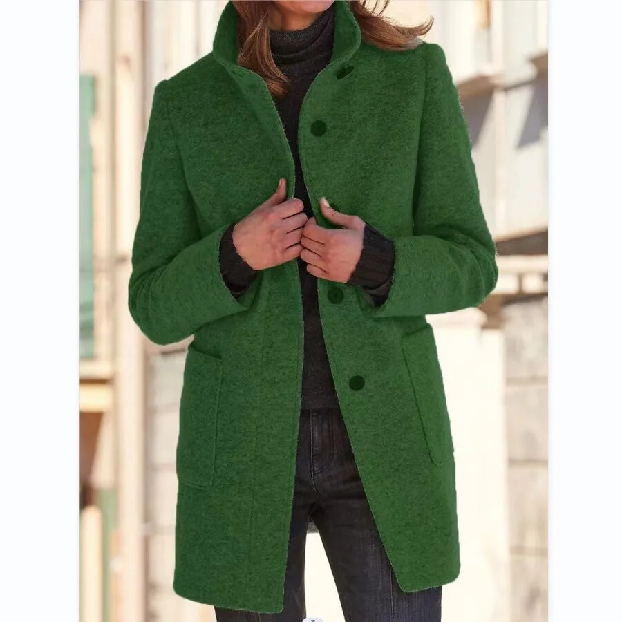 Women's Single-Breasted Coat with Stand Collar and Side Pockets in Green