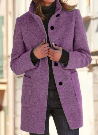 Women's Single-Breasted Coat with Stand Collar and Side Pockets in Purple