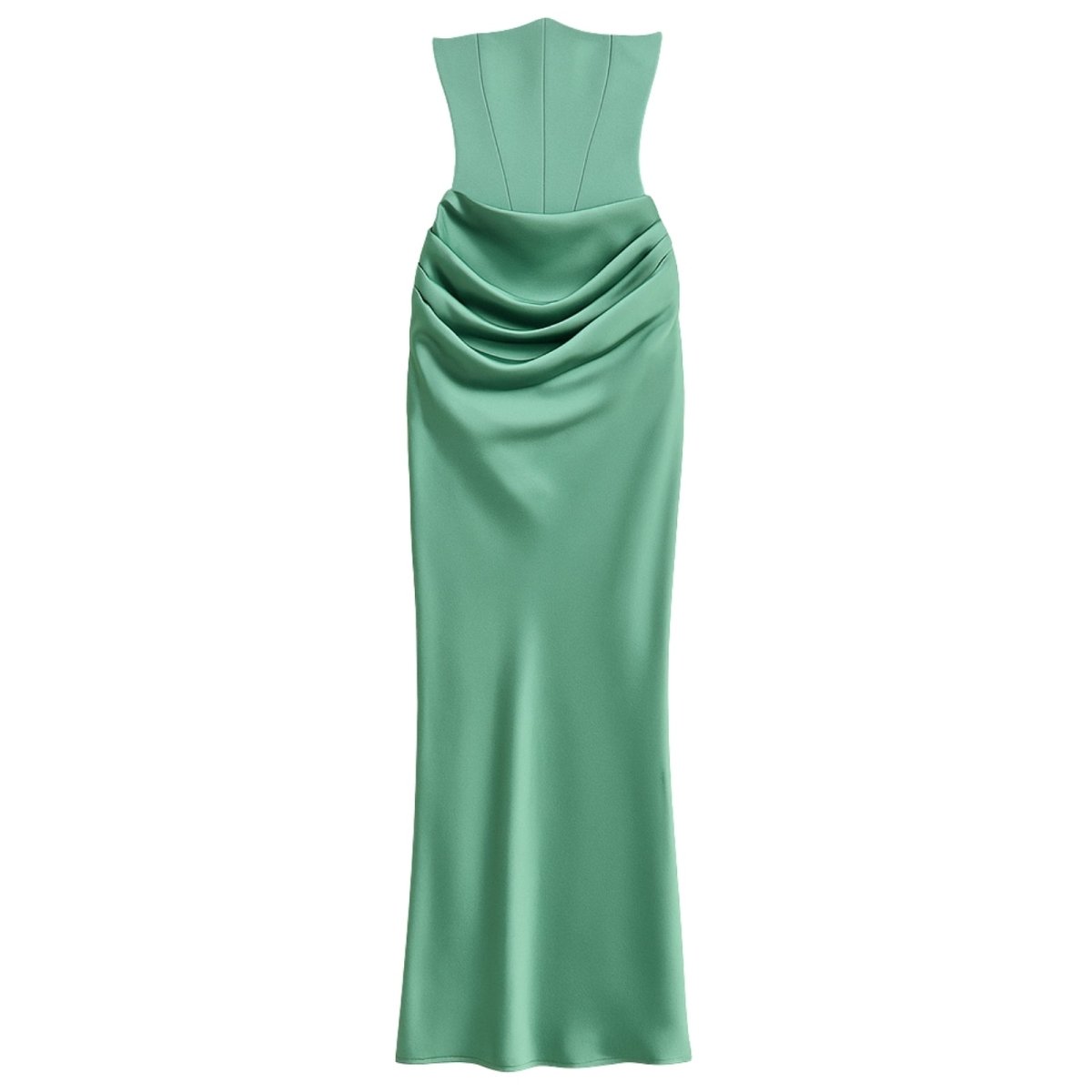 Women's Strapless Maxi Dress with Corset Bodice and Ruching in Sage