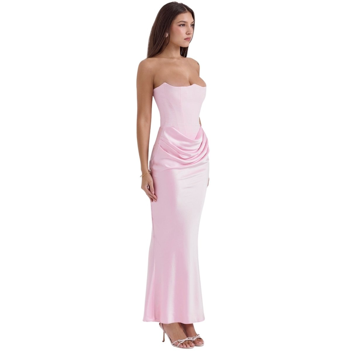 Women's Strapless Maxi Dress with Corset Bodice and Ruching in Pink