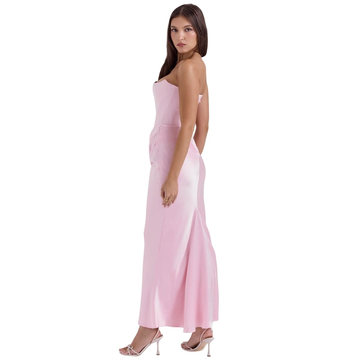 Women's Strapless Maxi Dress with Corset Bodice and Ruching in Pink