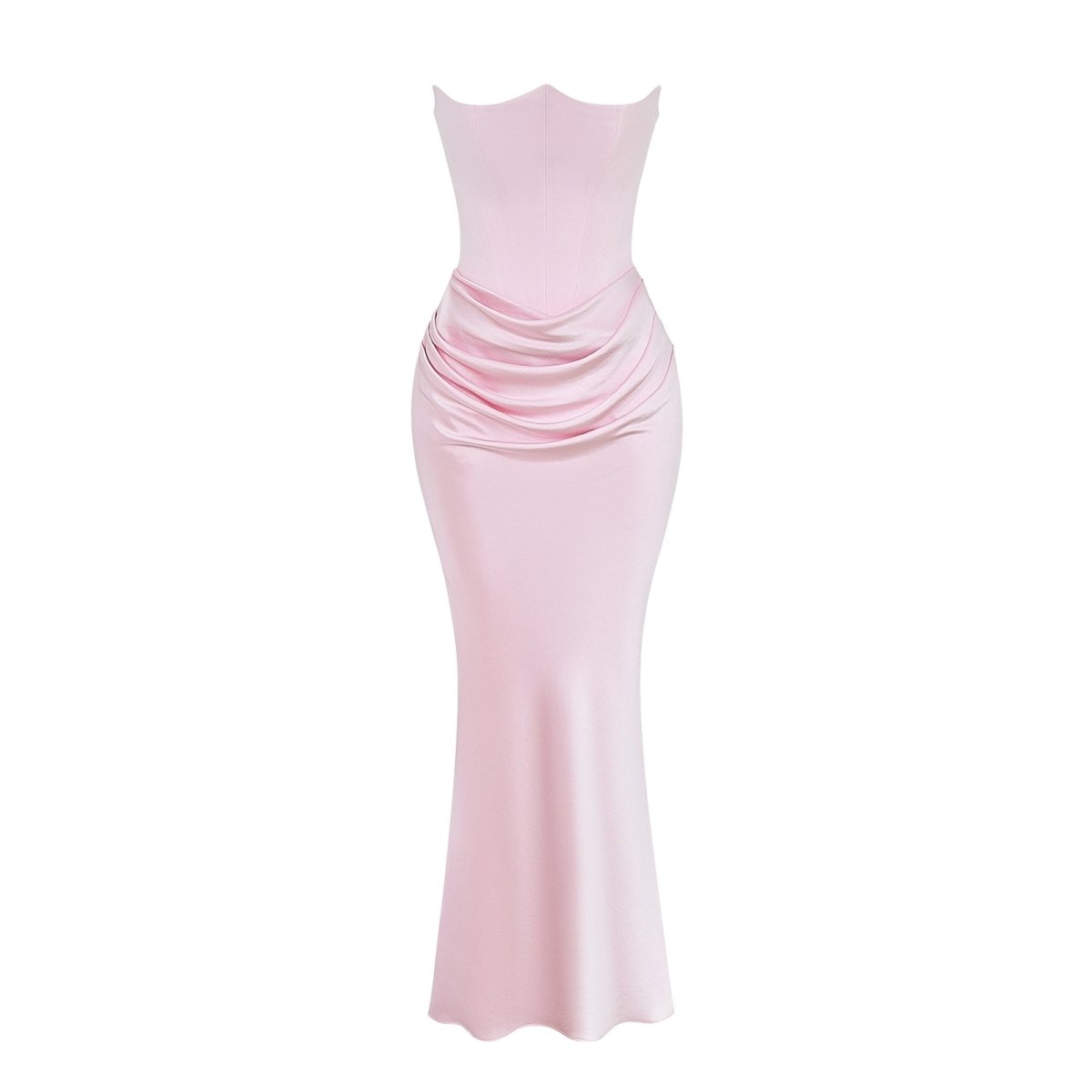 Women's Strapless Maxi Dress with Corset Bodice and Ruching in Pink
