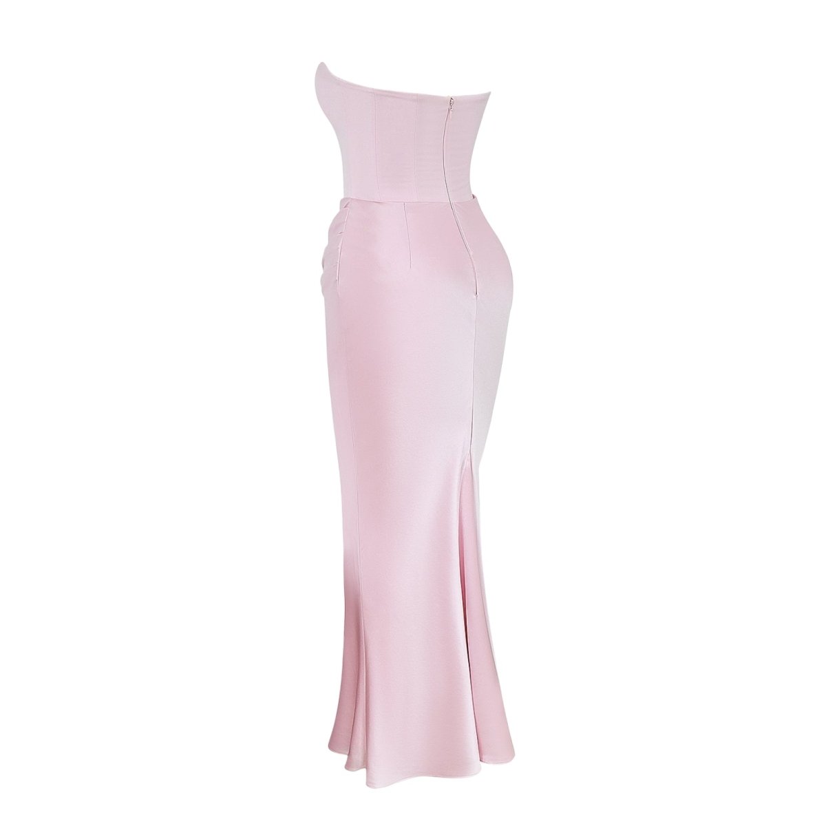 Women's Strapless Maxi Dress with Corset Bodice and Ruching in Pink