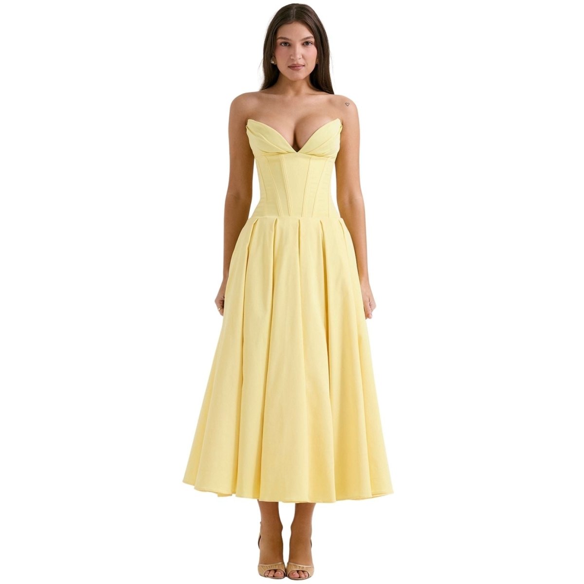 Women's Strapless Midi Dress with Sweetheart Neckline, Full Skirt in Yellow