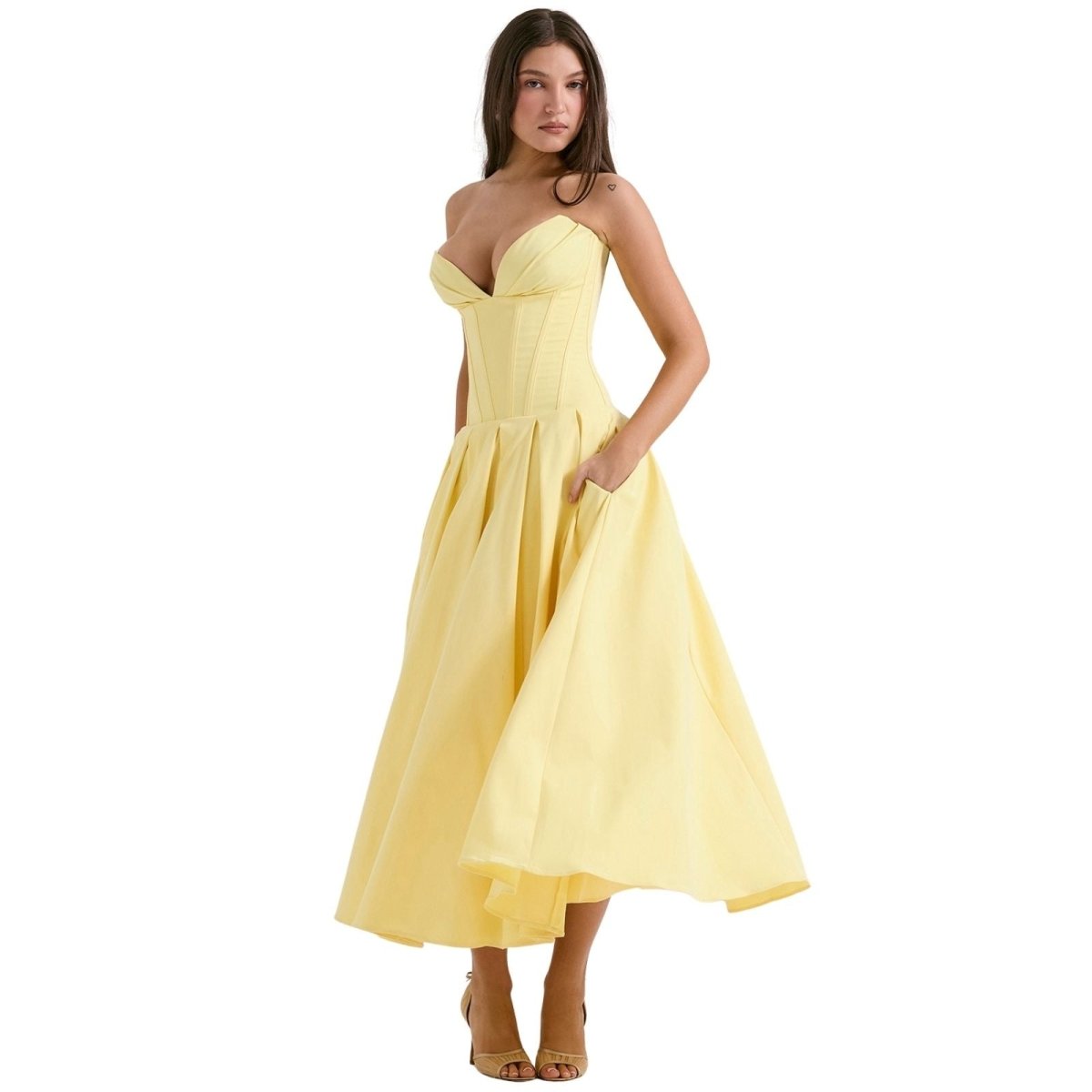 Women's Strapless Midi Dress with Sweetheart Neckline, Full Skirt in Yellow