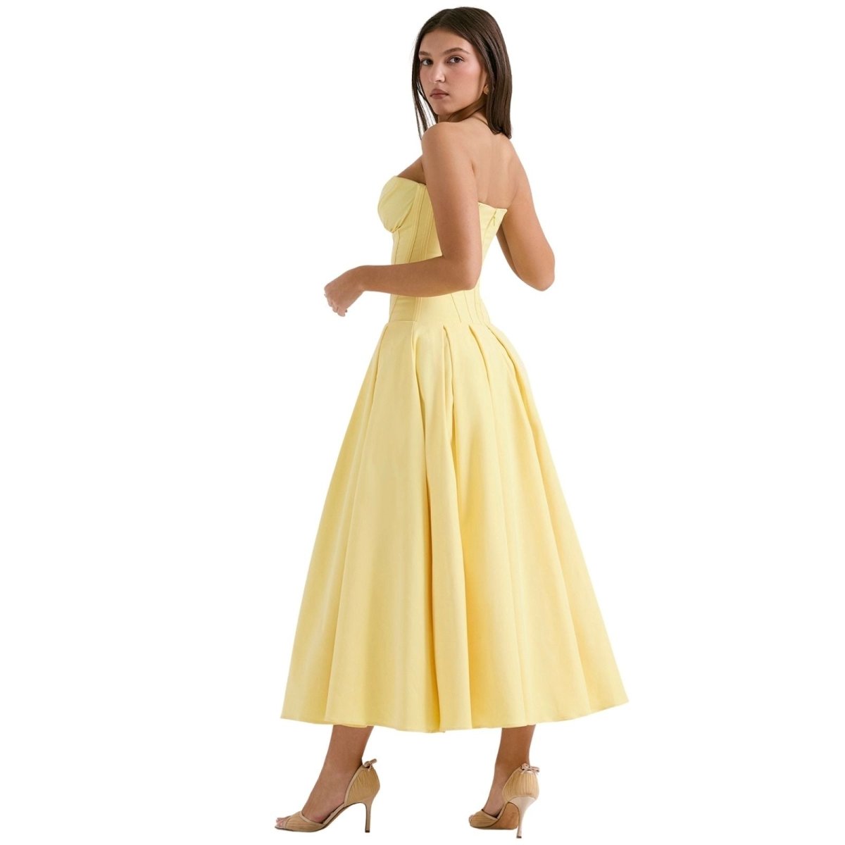 Women's Strapless Midi Dress with Sweetheart Neckline, Full Skirt in Yellow