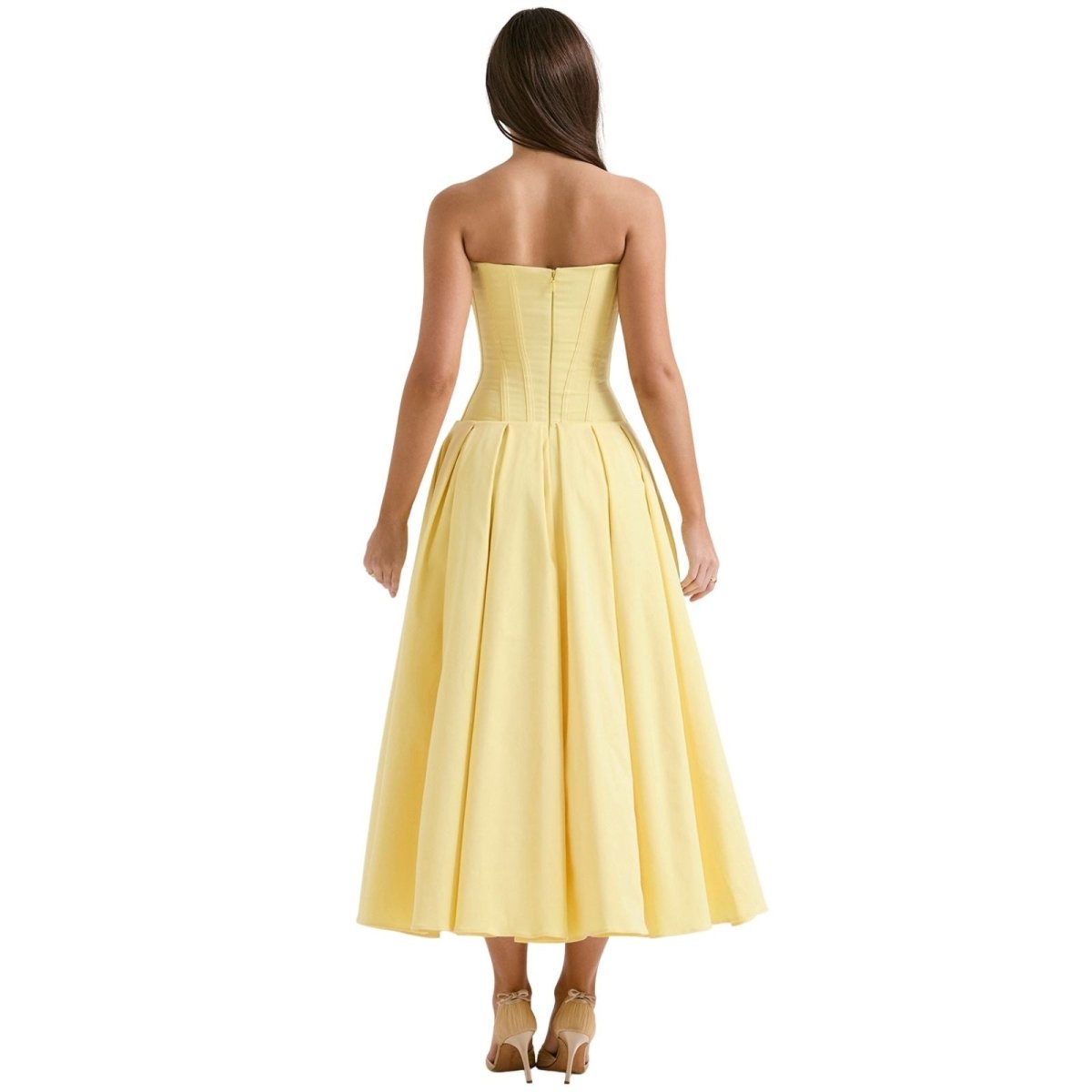 Women's Strapless Midi Dress with Sweetheart Neckline, Full Skirt in Yellow
