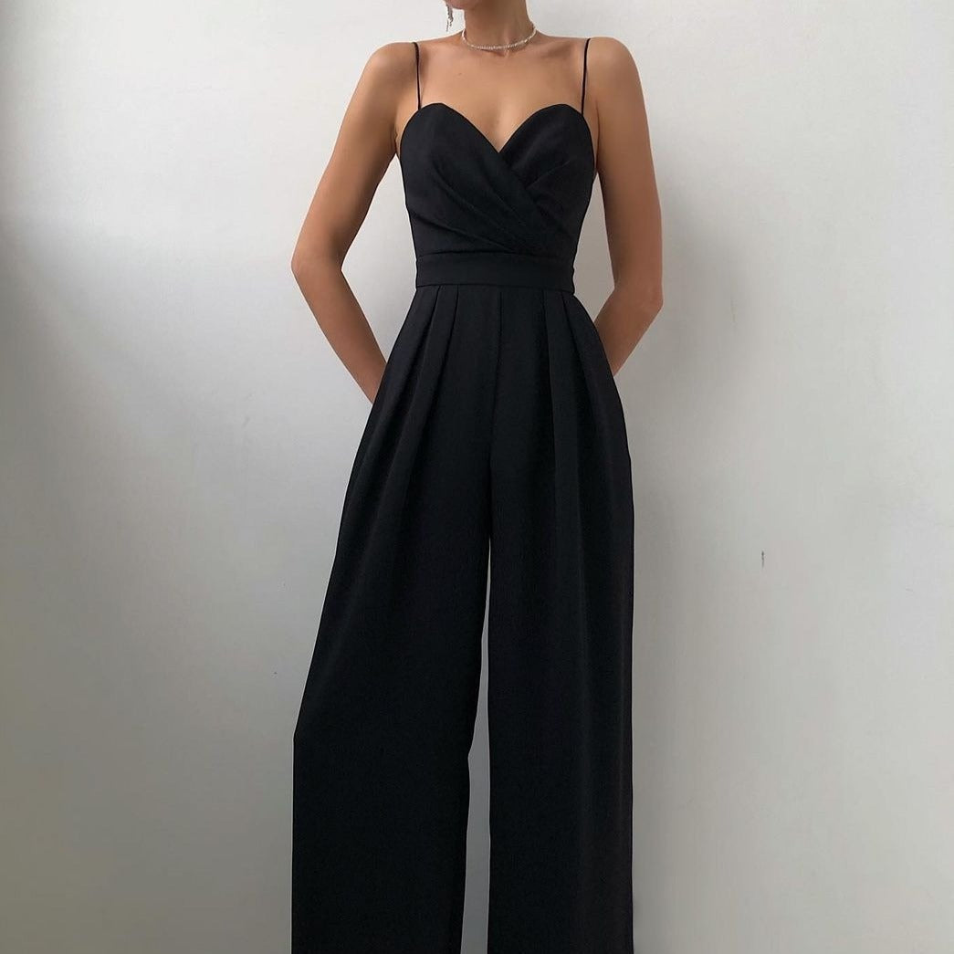 Women's Strappy Jumpsuit with Wrap Bodice and Wide Legs in Black