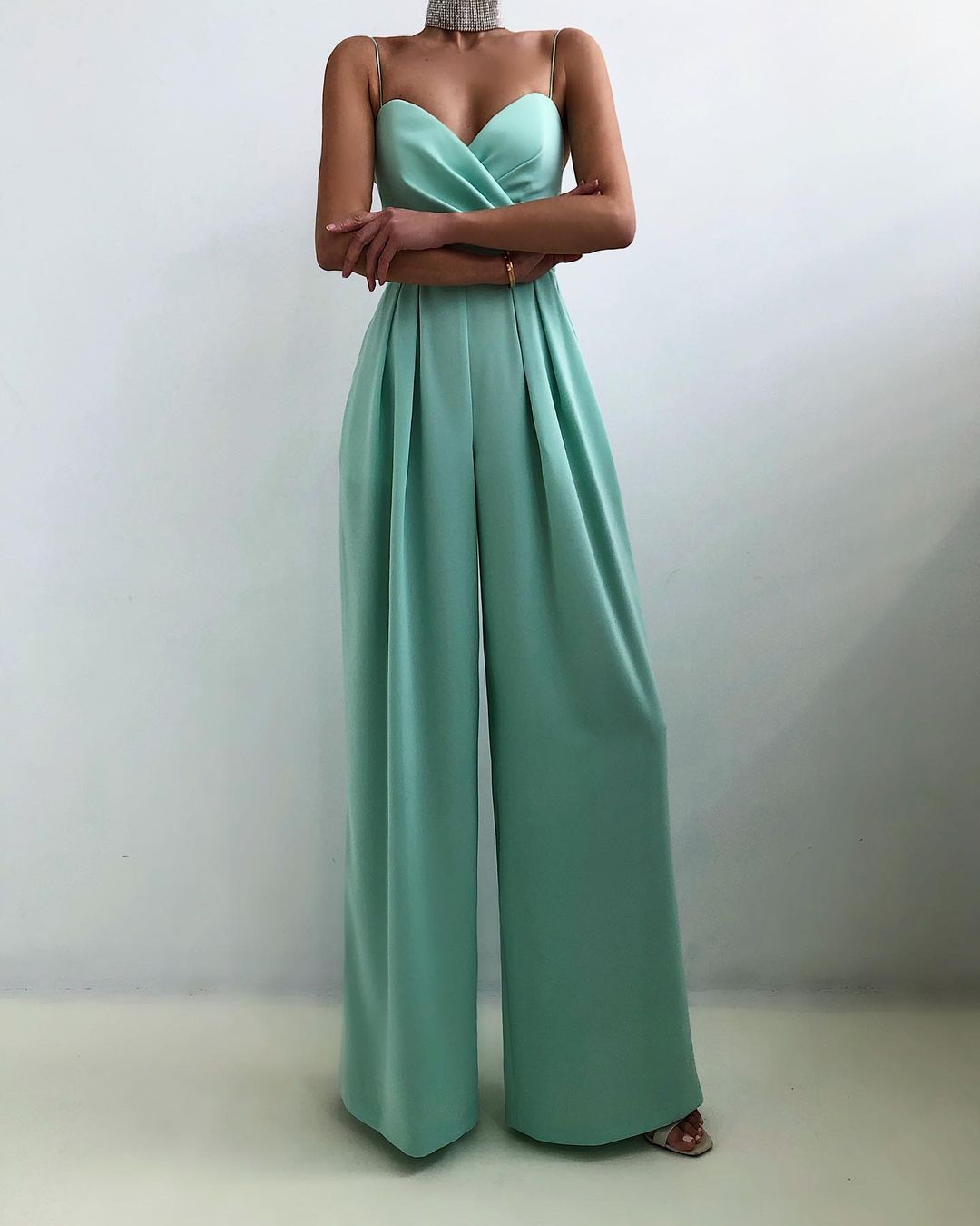 Women's Strappy Jumpsuit with Wrap Bodice and Wide Legs in Turquoise