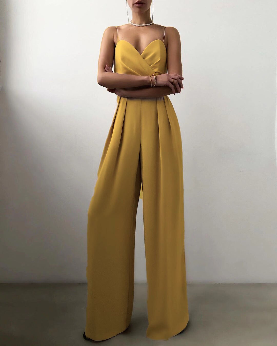 Women's Strappy Jumpsuit with Wrap Bodice and Wide Legs in Yellow