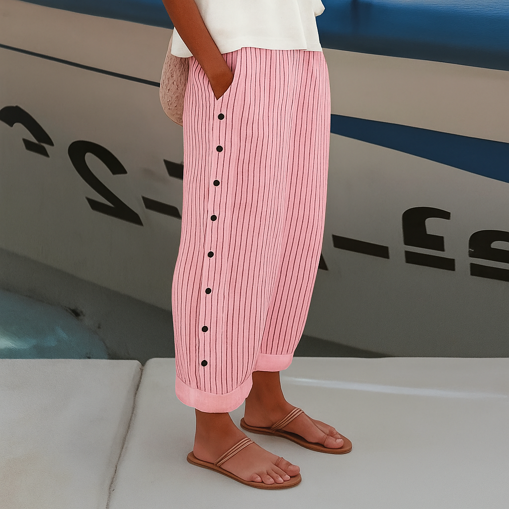 Women's Striped 7/8 Trousers with Wide Leg and Front Buttons in Pink