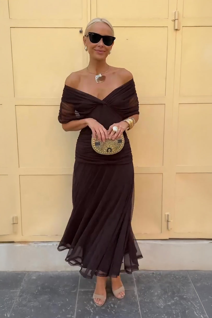Women's V-Neck Maxi Dress with Wrap Front and Gathered Bodice in Brown