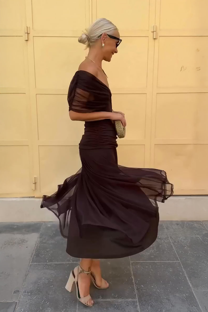 Women's V-Neck Maxi Dress with Wrap Front and Gathered Bodice in Brown