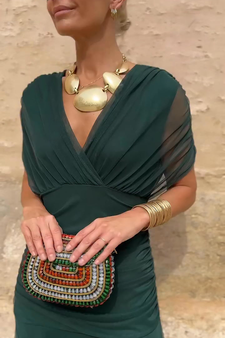 Women's V-Neck Maxi Dress with Wrap Front and Gathered Bodice in Green