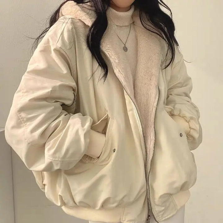 Women's Reversible Bomber Jacket with Soft Lining and Zip in Beige