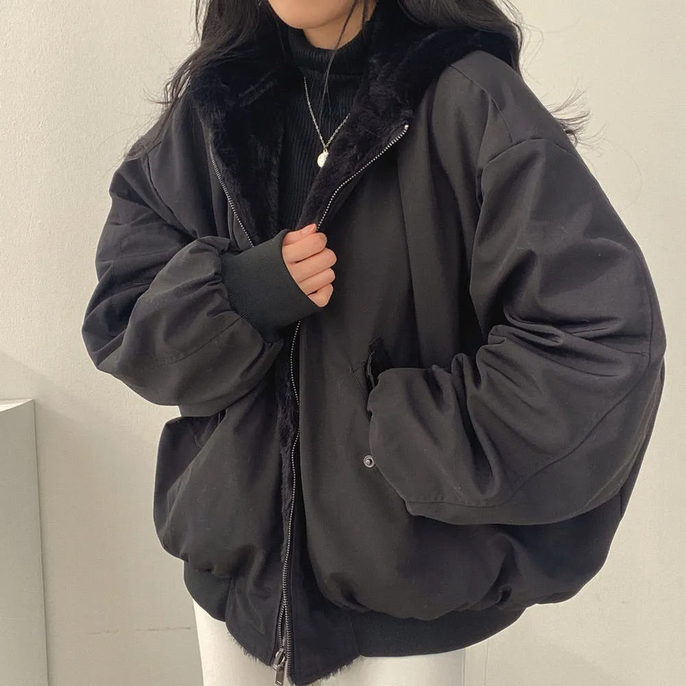 Women's Reversible Bomber Jacket with Soft Lining and Zip in Black