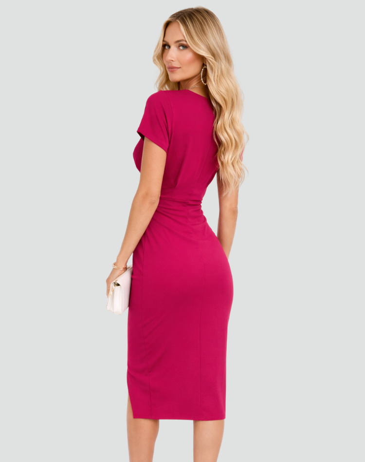 Women's Wrap Midi Dress with Short Sleeves and Front Slit in Pink