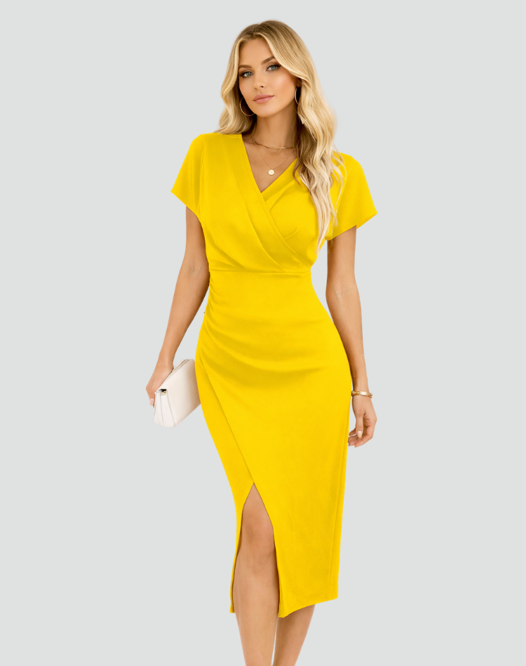Women's Wrap Midi Dress with Short Sleeves and Front Slit in Yellow